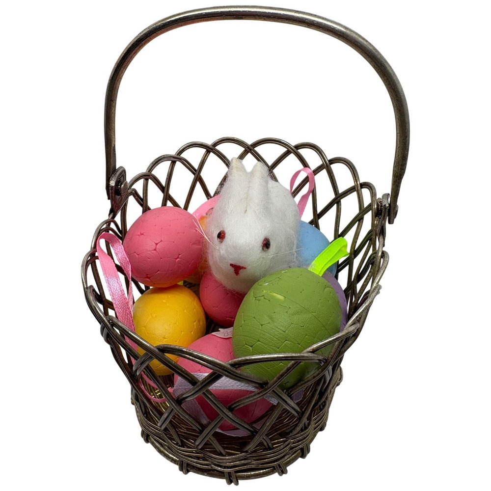 Easter Basket Silver Wire Woven Eggs Bunny Spring Decor Table Centerpiece‎ Small